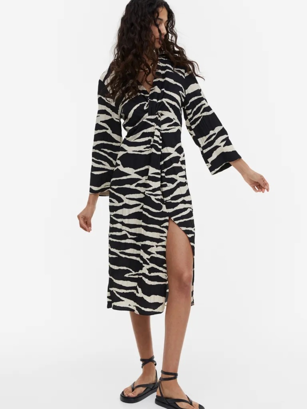 H&M Zebra Print Midi Dress Twist Front Slit Black White S